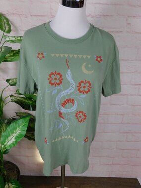 Floral Snake Graphic Green Short Sleeve T-Shirt Cotton Blend Size M Unisex Casua